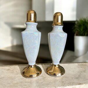 VTG White & Gold Porcelain Salt & Pepper Shakers Cork Stoppers Lusterware READ